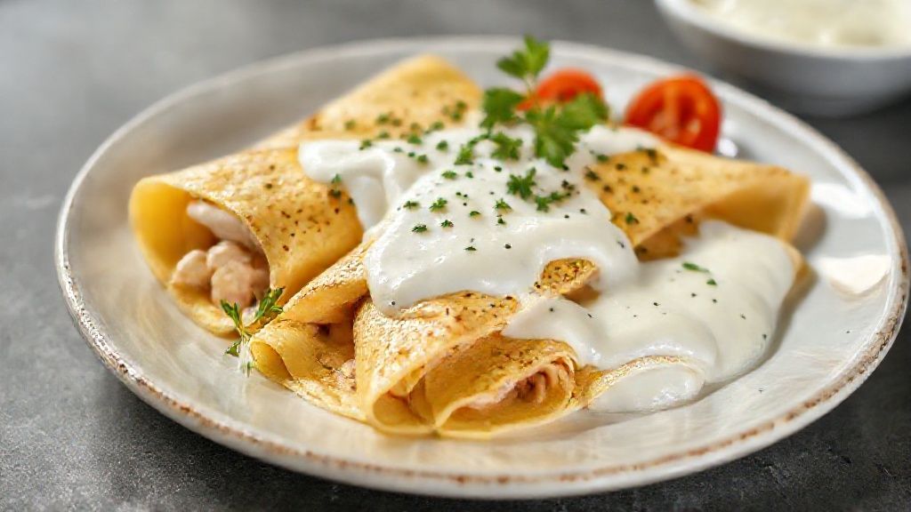 Panqueca de frango com molho branco gratinada, cremosa e dourada, servida em prato de cerâmica
