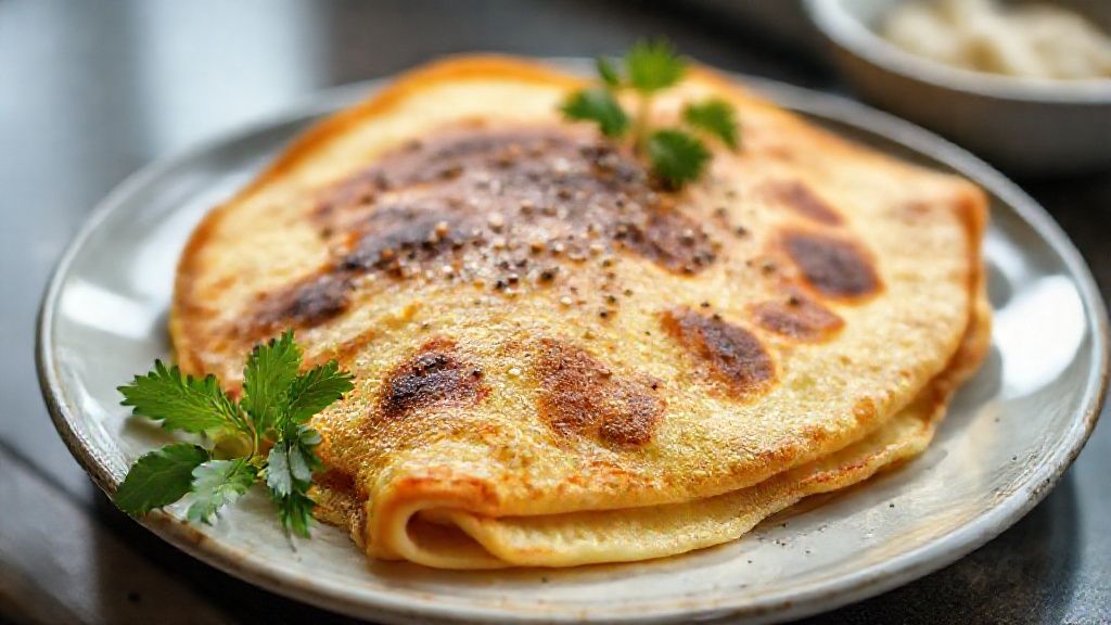 Panqueca Dukan simples dourada e leve, servida em prato branco com recheio proteico, ideal para dieta Dukan