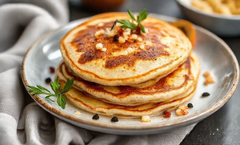 Panquecas douradas e enroladas, servidas em prato elegante com molho de tomate e cheiro-verde, visual apetitoso e caseiro
