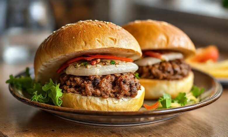 Mini pães dourados recheados com carne moída suculenta, servidos em bandeja elegante de festa