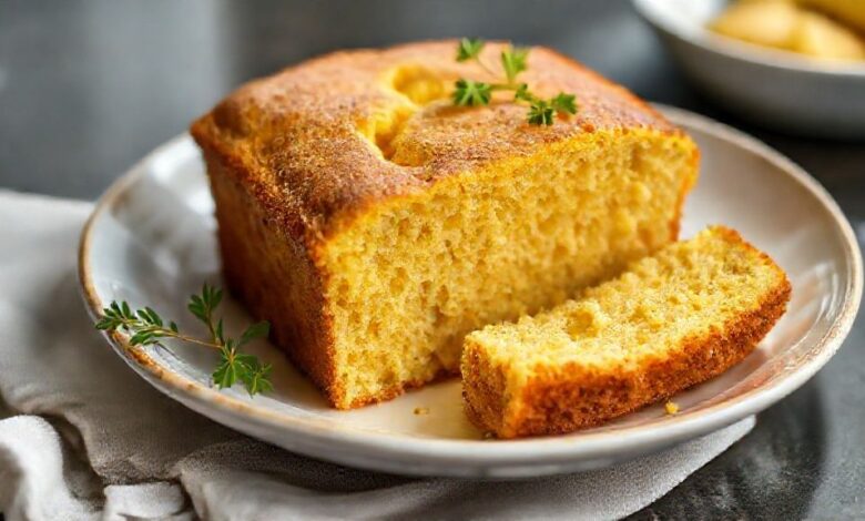 Pão dourado de fubá, leve e macio, fatiado sobre uma tábua de madeira, com crosta delicada e aparência caseira.