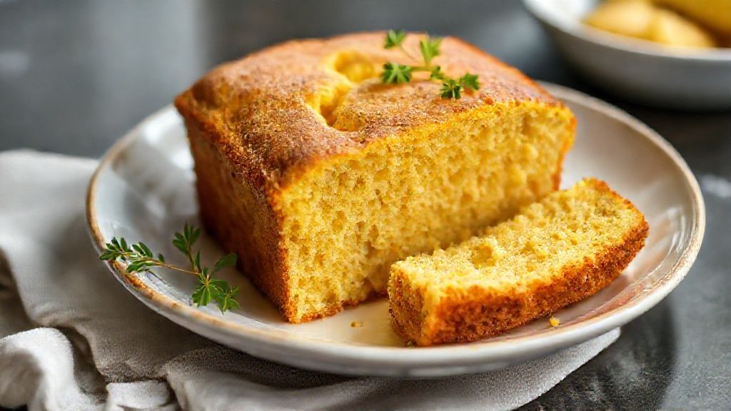 Pão dourado de fubá, leve e macio, fatiado sobre uma tábua de madeira, com crosta delicada e aparência caseira.
