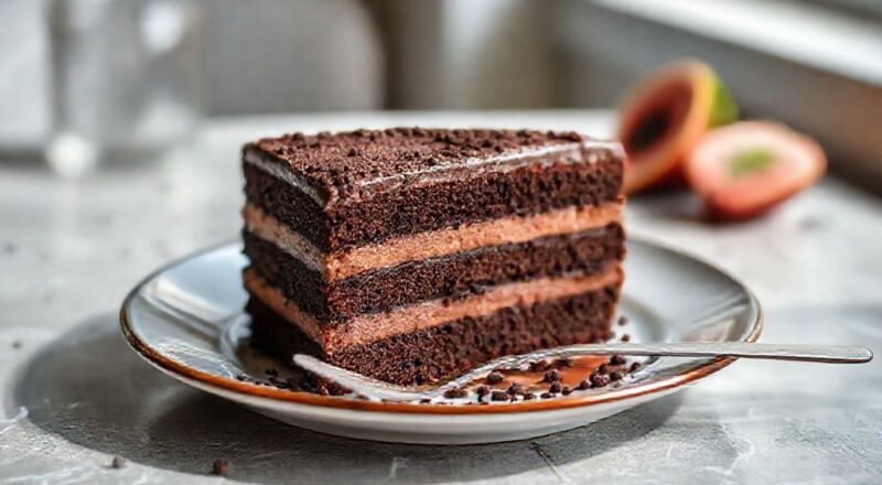Bolo de chocolate leve e fofo, dourado, sobre prato branco com fundo claro e toque caseiro