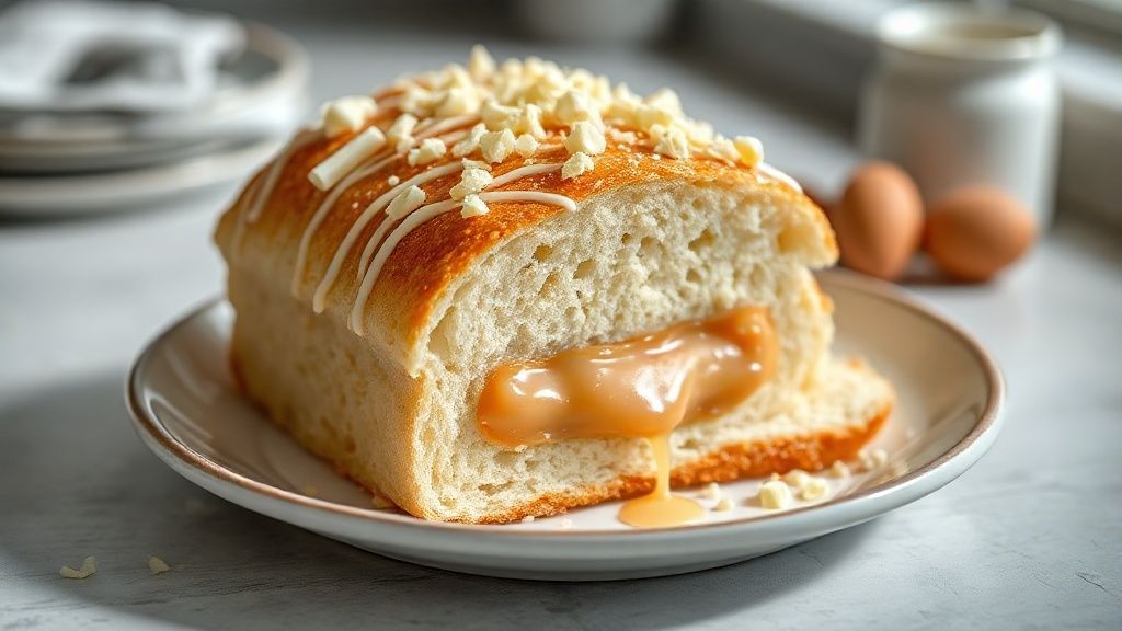 Pão de mel branco coberto com chocolate branco e recheado com doce de leite, pronto para servir.