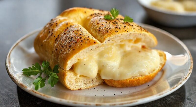 Pães de queijo dourados e crocantes com recheio cremoso à mostra em uma cesta rústica