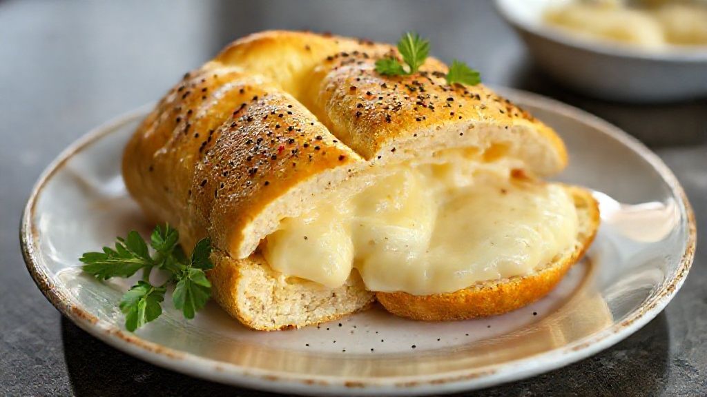 Pão de queijo com requeijão cremoso dourado e recheio derretendo, delicioso e pronto para servir