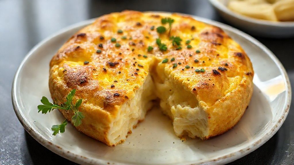 Pão de queijo de frigideira douradinho e macio servido em prato rústico, pronto para o café.