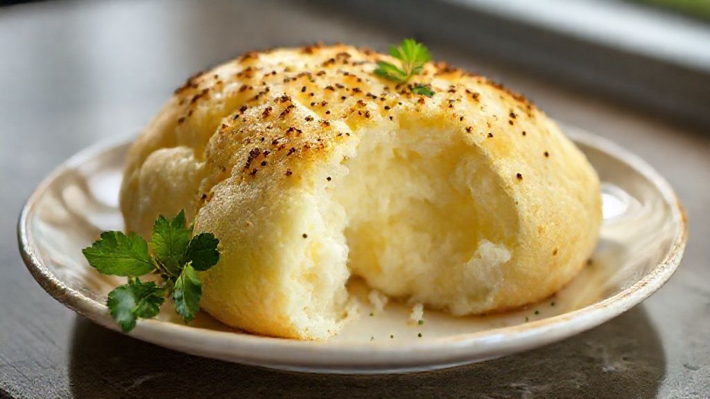 Pão de queijo de liquidificador fofinho dourado e macio, servido quente em prato rústico com café