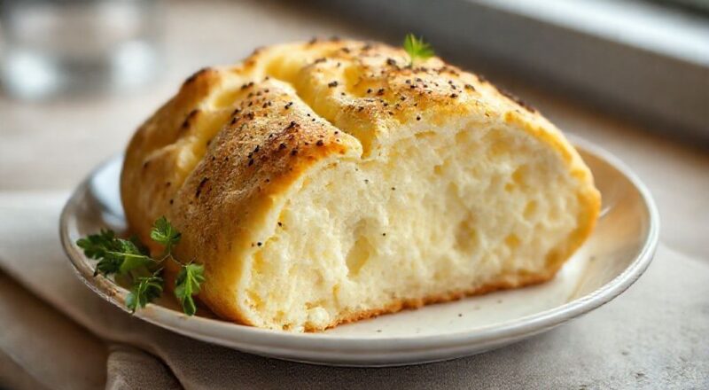Pães de queijo fofinhos dourados, servidos em uma cesta de palha com pano xadrez, prontos para o café