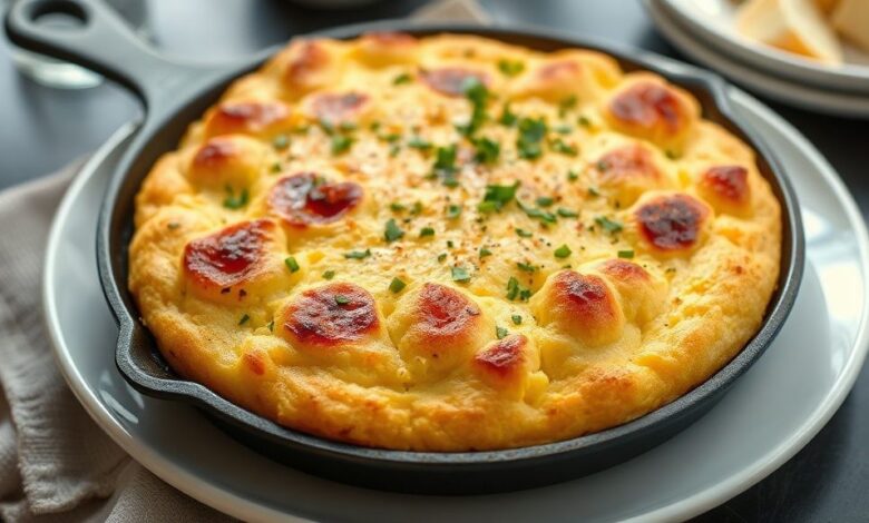 Pão de queijo na frigideira pronto, dourado e macio, servido em prato rústico com café ao lado