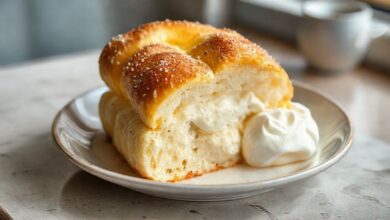 Pães doces dourados com creme brilhante no centro, servidos em uma travessa rústica sobre toalha clara