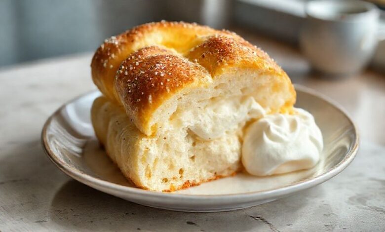 Pães doces dourados com creme brilhante no centro, servidos em uma travessa rústica sobre toalha clara