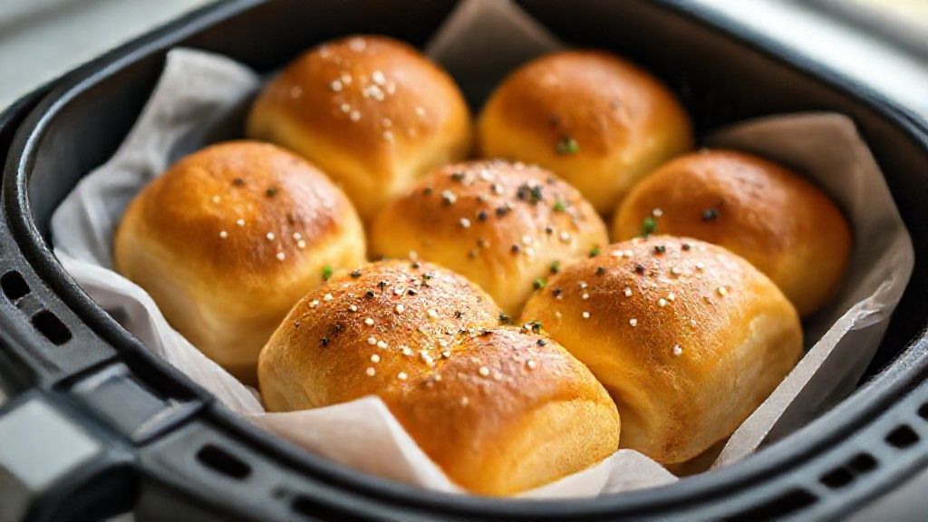 Pães franceses crocantes e dourados prontos após recuperar na air fryer com o truque de umidade