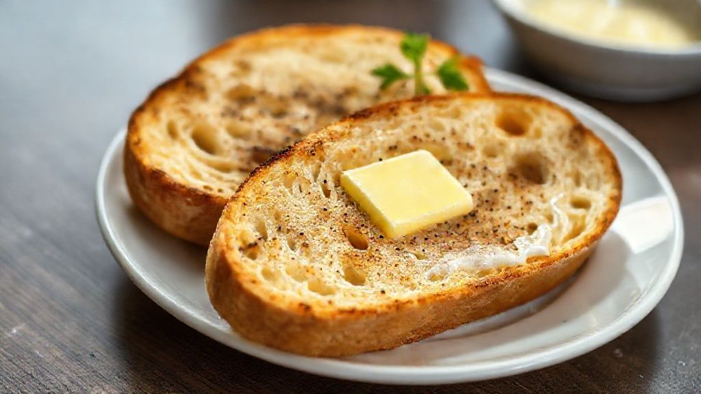 Pão francês na chapa crocante com manteiga dourada servido quente no café da manhã