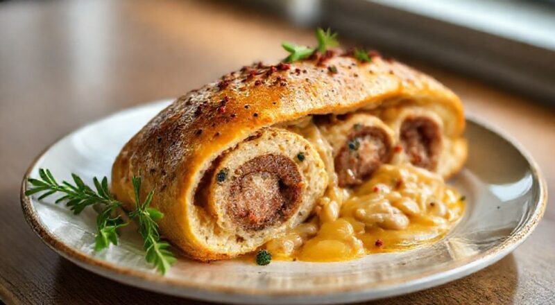 Pão dourado e macio, recheado com calabresa e queijo, cortado em fatias, com aparência caseira e apetitosa