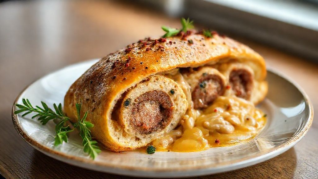 Pão recheado com calabresa fofinho e dourado, cortado em fatias mostrando o recheio suculento e o interior macio