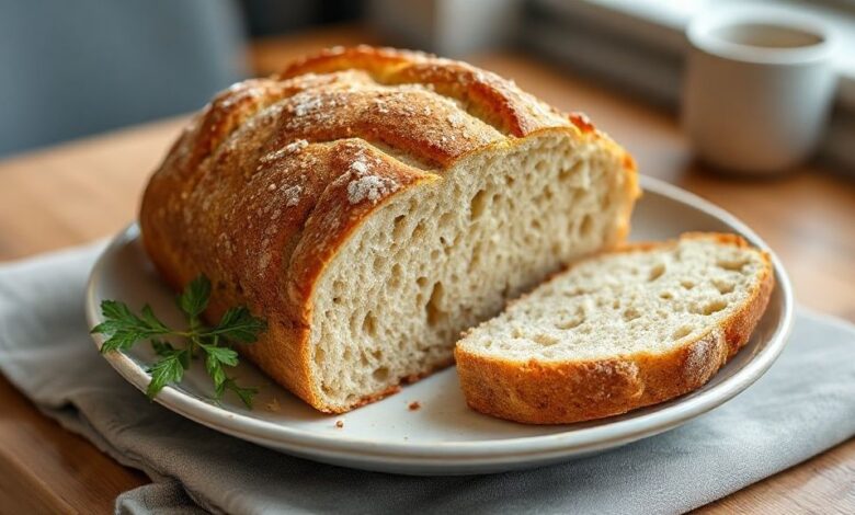 Pão caseiro dourado e macio, com casca levemente crocante e miolo aerado, servido em fatias em uma mesa rústica.