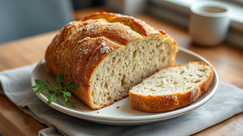 Pão caseiro dourado e macio, com casca levemente crocante e miolo aerado, servido em fatias em uma mesa rústica.