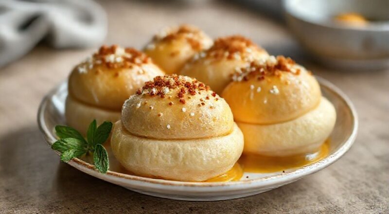 Pãezinhos lua de mel dourados, cobertos com coco e recheados com creme de baunilha, servidos em prato branco elegante.