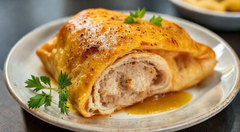 Pastéis assados dourados e crocantes, recheados com frango cremoso, servidos em prato rústico sobre toalha colorida