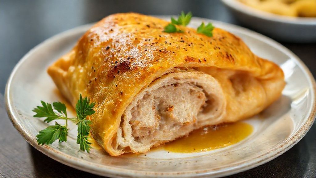Pastel assado com guaraná e frango dourado, crocante por fora e cremoso por dentro, servido em bandeja