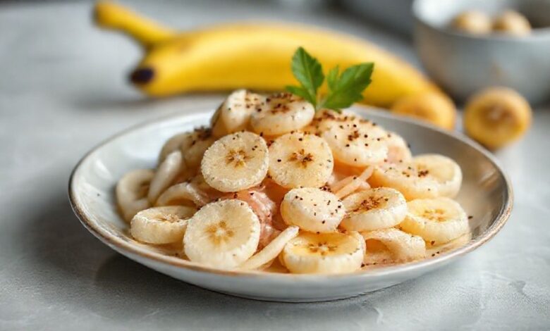 Pastel de banana dourado, dobrado em meia-lua e servido quente com recheio cremoso de queijo derretido