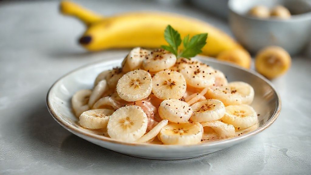 Pastel de banana dourado, dobrado em meia-lua e servido quente com recheio cremoso de queijo derretido