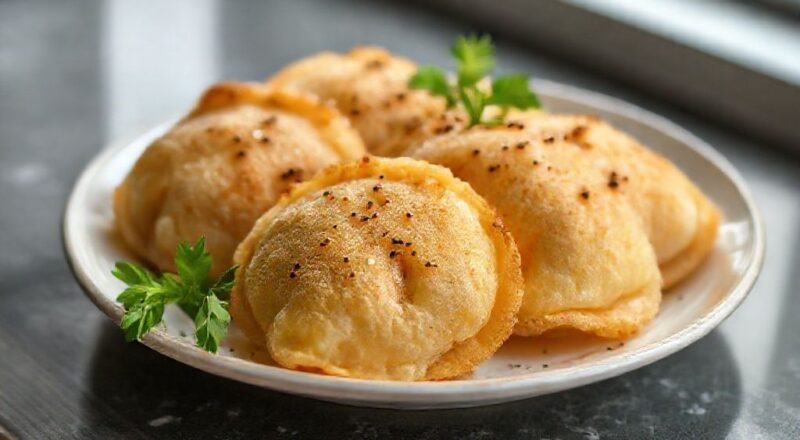 Prato com pastéis dourados e crocantes, prontos para servir, mantendo textura leve e aparência apetitosa.