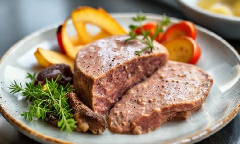 Patê cremoso de fígado bovino em tigela rústica, decorado com ervas e acompanhado de torradas douradas