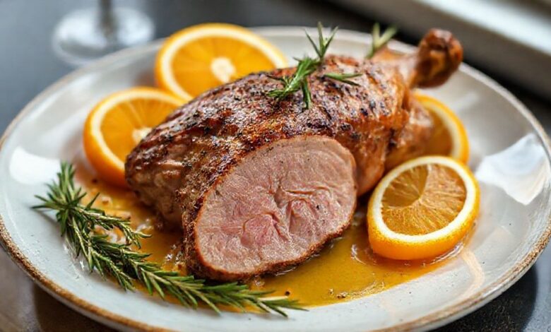 Pato dourado e crocante servido em travessa rústica com fatias de laranja, molho brilhante e ramos de alecrim fresco