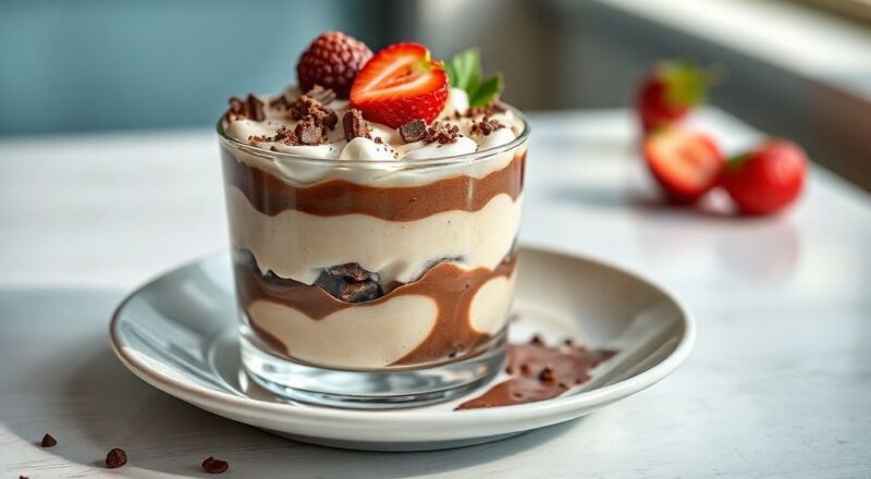 Prato de pavê cremoso gelado com camadas de creme, biscoito e ganache de chocolate, servido em refratário elegante