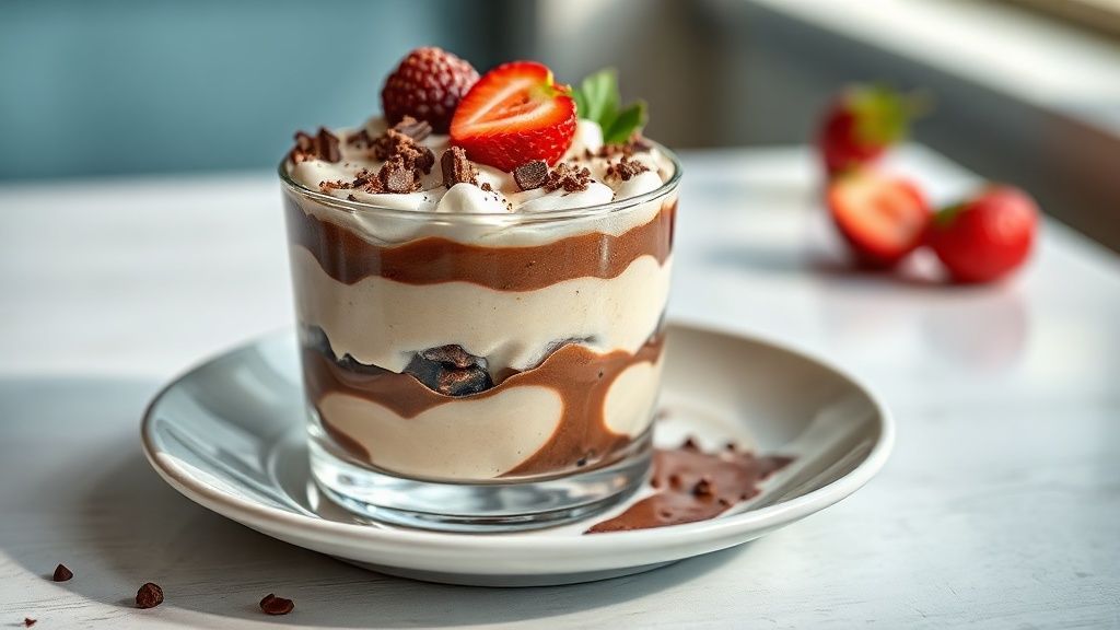 Pavê cremoso gelado finalizado com ganache de chocolate e camadas visíveis de creme e biscoito