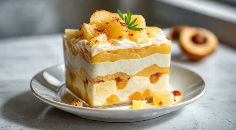 Pavê de doce de leite e abacaxi cremoso montado em camadas, decorado com chantilly e amêndoas, servido em taça elegante.