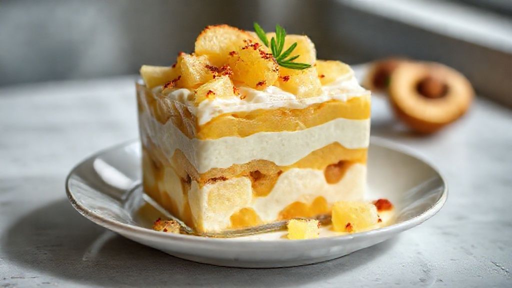 Pavê de doce de leite e abacaxi cremoso servido em taça, com camadas douradas e cobertura de chantilly.