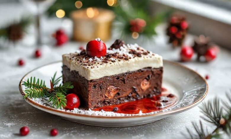 Pavê cremoso de chocolate e Bis, com camadas bem definidas e cobertura decorada, servido em refratário de vidro elegante