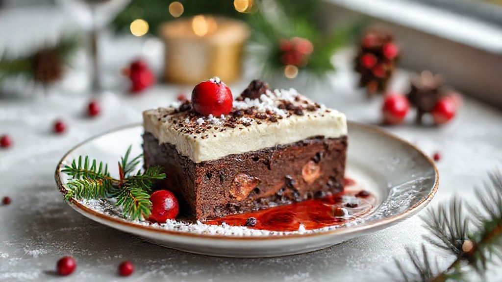 Pavê de Natal de chocolate e Bis em camadas cremosas, decorado com raspas de chocolate e Bis picado