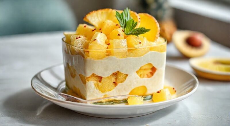 Pavê tropical de abacaxi pronto, com camadas de creme e cobertura de coco tostado, servido gelado em refratário elegante.