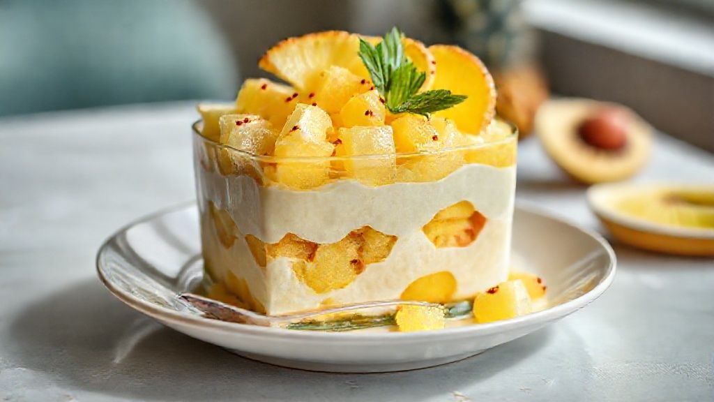 Pavê tropical de abacaxi servido em refratário de vidro, com camadas cremosas de coco e cobertura dourada de coco tostado.