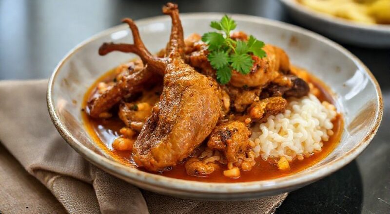 Prato de pé de frango à moda mineira servido em panela de barro, com molho grosso e coloração dourada, decorado com cheiro-verde.