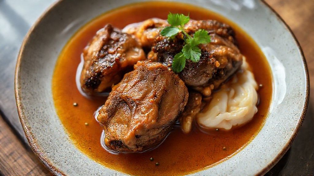 Prato de pé de porco com rabada servido com molho encorpado e cheiro-verde, típico da culinária brasileira.