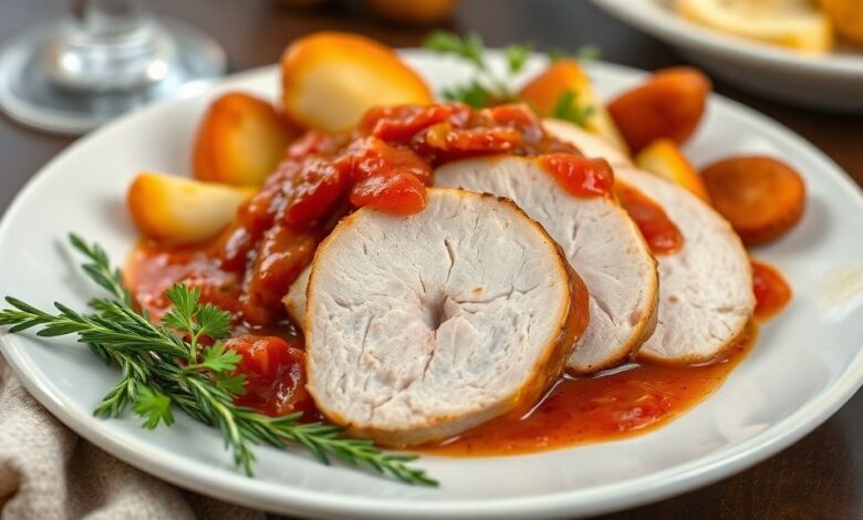 Peito de peru dourado fatiado com molho vermelho de cranberry por cima, servido em travessa festiva