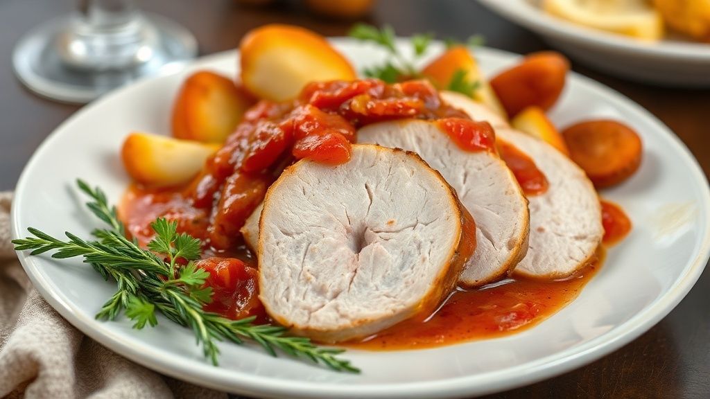 Peito de peru dourado fatiado com molho vermelho de cranberry por cima, servido em travessa festiva