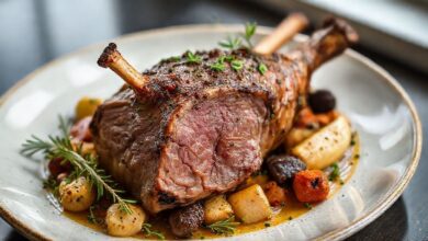 Pernil de cordeiro assado com legumes e ervas servido em travessa, dourado e aromático, ideal para ocasiões especiais