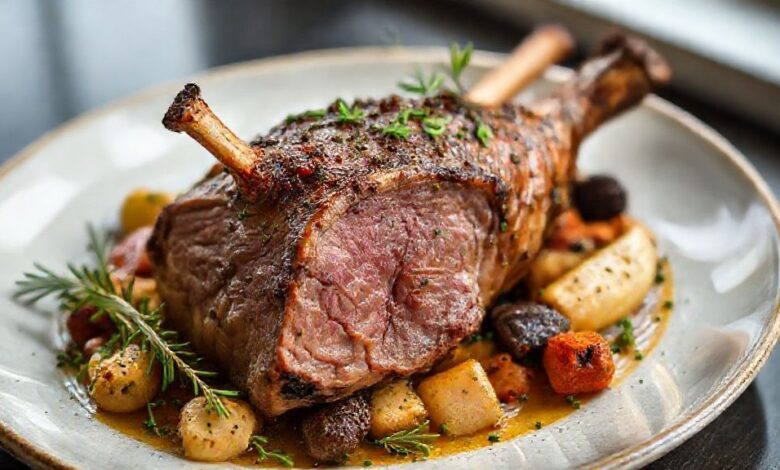 Pernil de cordeiro assado com legumes e ervas servido em travessa, dourado e aromático, ideal para ocasiões especiais