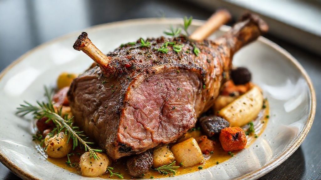 Pernil de cordeiro assado com legumes e ervas servido em travessa, dourado e aromático, ideal para ocasiões especiais