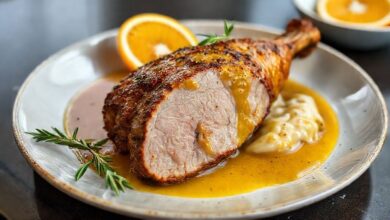 Pernil de porco dourado e suculento coberto com molho de laranja e mostarda, decorado com fatias de laranja e alecrim fresco.