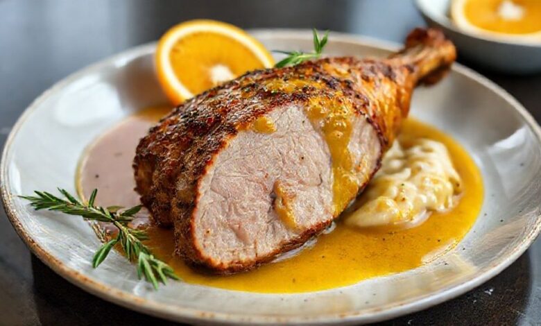 Pernil de porco dourado e suculento coberto com molho de laranja e mostarda, decorado com fatias de laranja e alecrim fresco.