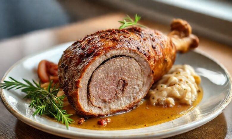 Pernil de porco assado recheado, dourado e crocante, servido em travessa com frutas e ervas aromáticas