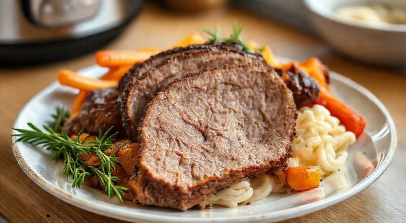 Pernil suculento e dourado fatiado em um prato com molho e ervas frescas