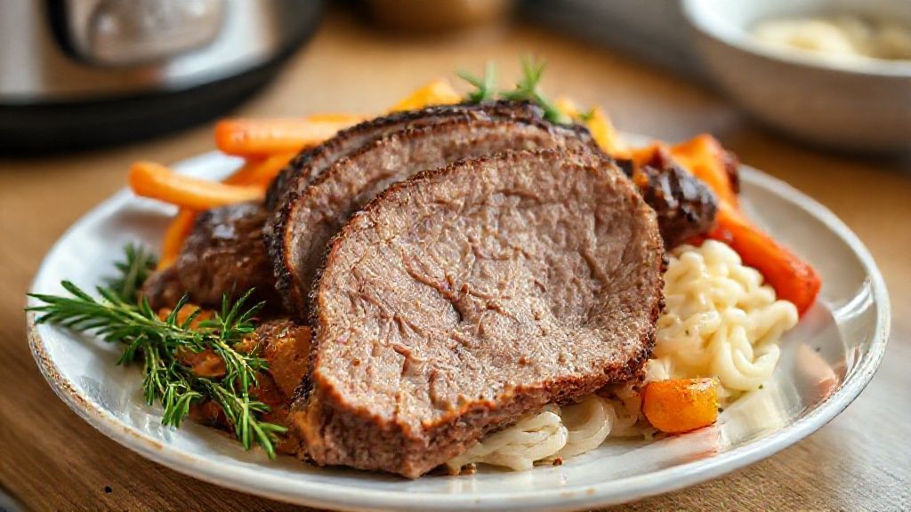Prato de pernil na panela de pressão servido com molho e ervas, carne macia e suculenta pronta para servir